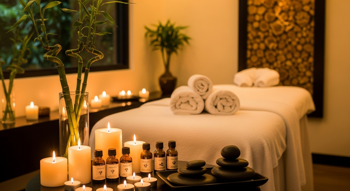 Serene luxury spa treatment room with soft ambient lighting, massage table, candles, and natural elements creating a peaceful wellness environment